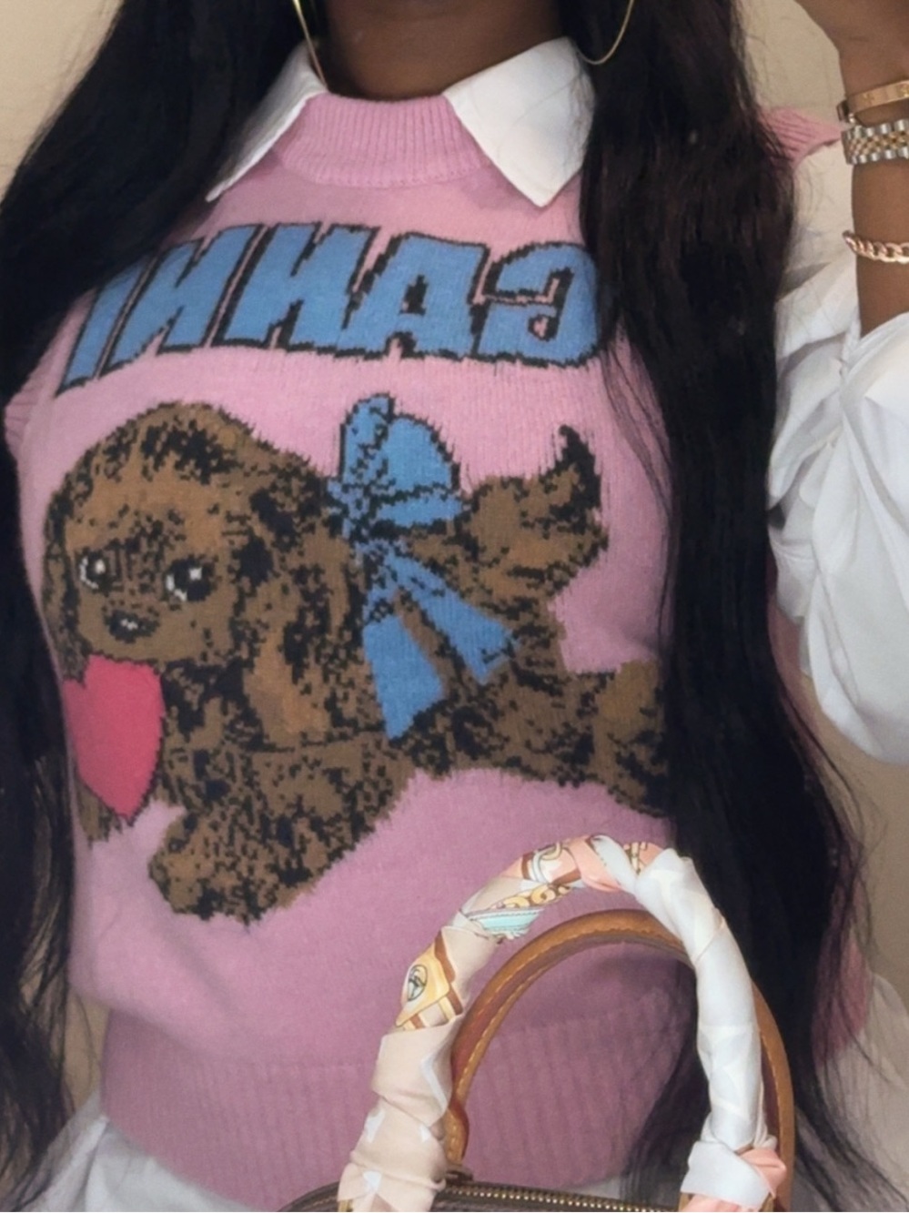 Ganni Pink Knit Sleeveless Sweater Vest with Puppy Graphic